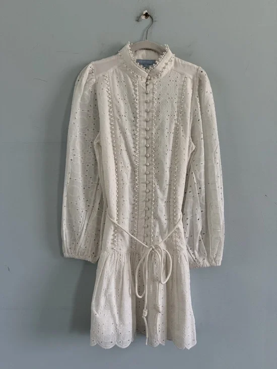 NWT Antonio Melani Brynn Eyelet White Button Front Long Sleeve Tie Waist Dress - Picture 3 of 7